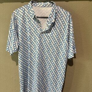 Antigua White Polo with Blue Geometric Print